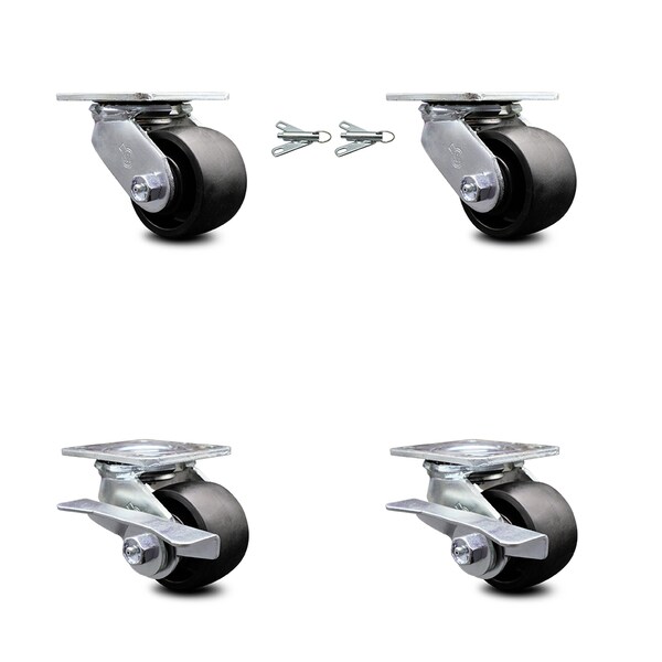 3.25 Inch Glass Filled Nylon Caster Set Roller Bearings 2 Swivel Lock 2 Brake